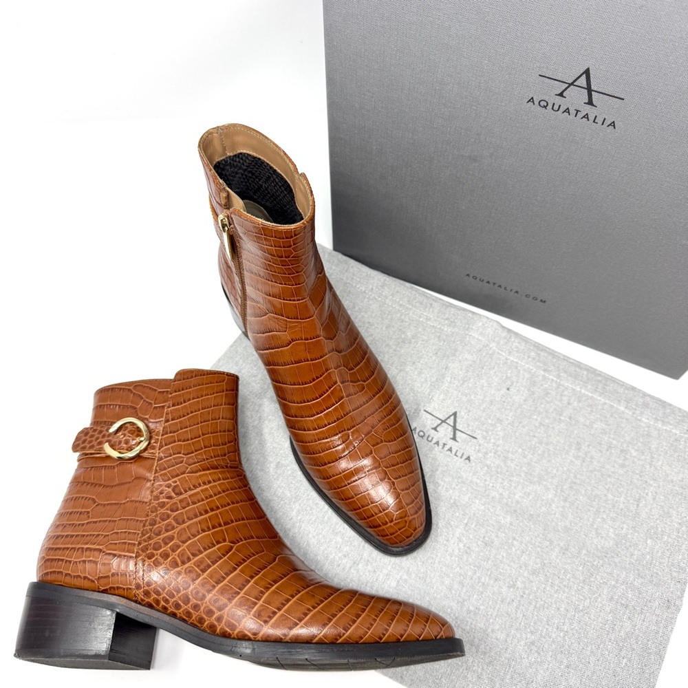 Aquatalia Fara Croc-Embossed Weatherproof Leather Ankle Boots Cognac